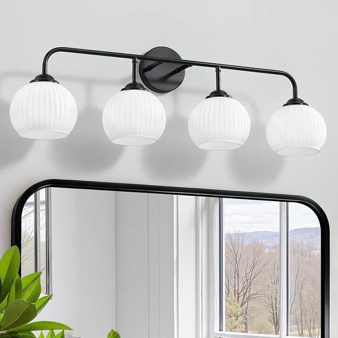 RUIYEY Bathroom Vanity Light Fixtures: 4-Light Matte Black Bathroom Lighting Fixtures Over Mirrors, Farmhouse Rustic Wall Sconce with Milky White Glass for Bath Living Room Cabinet