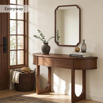 28" x 40" Wood Bathroom Mirror for Wall Mounted, Rustic Rounded Corner Vanity Mirror for Entryway, Living Room or Bedroom Home Decorative [28" x 40" Walnut Color]