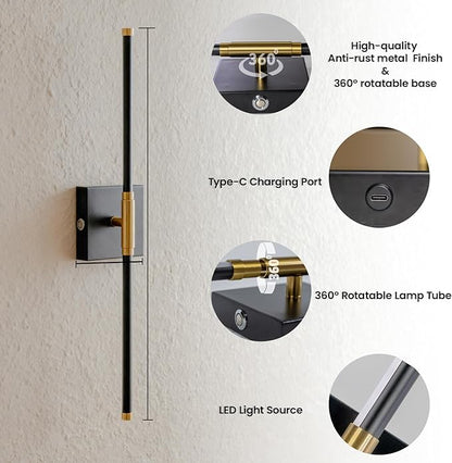 28 Inch Battery Operated Wall Sconces Set of 2, 10000mAh Rechargeable Wireless Wall Lights with Remote, 360° Magnetic Dimmable Black LED Sconce Decor for Bedroom, TV, Mirror, Living Room