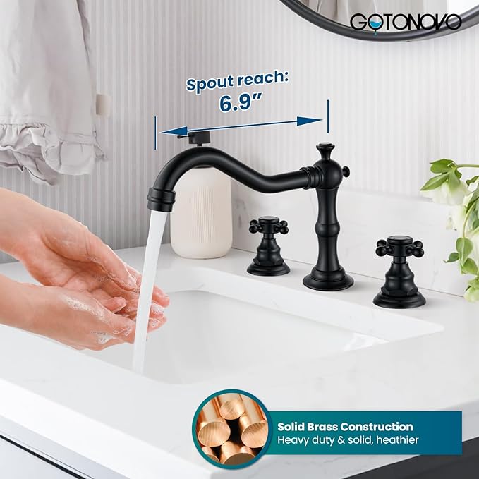 gotonovo 3 Hole Widespread Bathroom Sink Faucet Double Cross Handle Mixer Tap Faucet for Bathroom Sink Vanity Faucet Deck Mount Basin Hot Cold Water Matching Pop Up Drain Matte Black