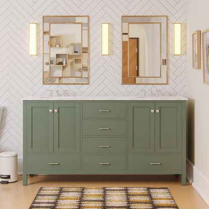 Horizon 72-inch Double Bathroom Vanity (Engineered Carrara/Sage Green): Includes Sage Green Cabinet with Engineered Carrara Countertop and White Ceramic Sinks