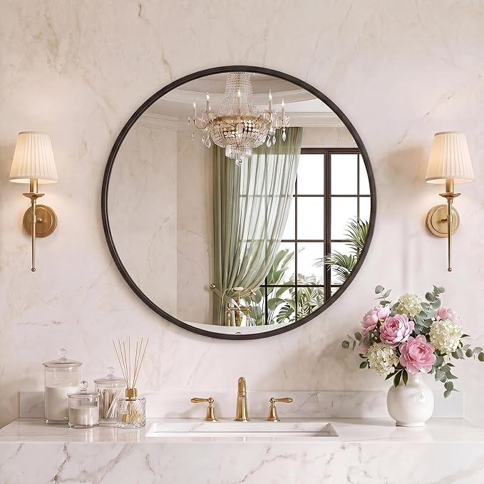 Sweetcrispy 28 Inch Round Wall Mirror, Bathroom Mirrors for Over Sink | Matte Metal Framed, Wall Decor for Bedroom, Entryway, Anti-Rust, Tempered Glass, Hanging or Leaning, Black