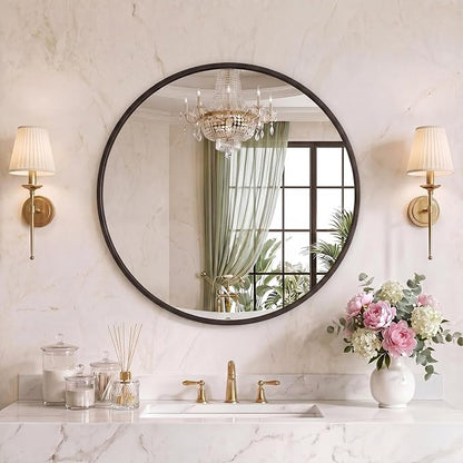 Sweetcrispy 28 Inch Round Wall Mirror, Bathroom Mirrors for Over Sink | Matte Metal Framed, Wall Decor for Bedroom, Entryway, Anti-Rust, Tempered Glass, Hanging or Leaning, Black