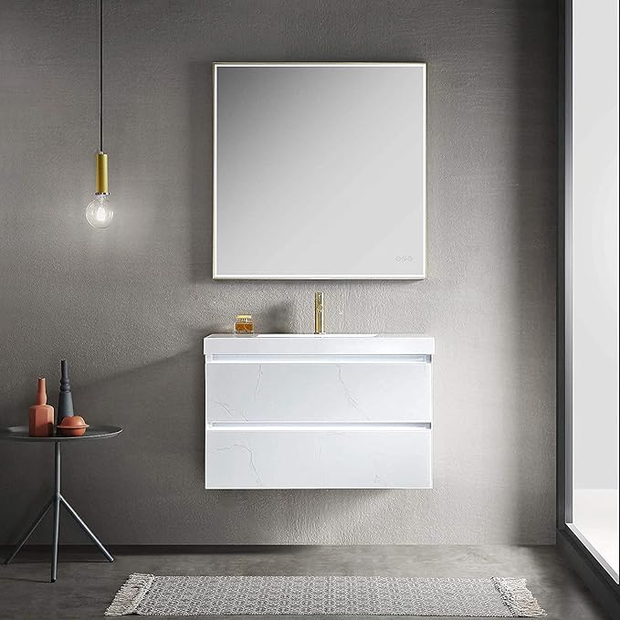 Blossom LED Lighted 36 inch Bathroom Vanity with Sink | Wall Mounted Floating Bathroom Vanity with Dimmable LED Lights | Modern Floating Design for Bathrooms | 36" w/Acrylic Sink, Calacatta White