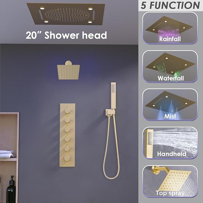 Enga Luxury Dual Shower Head System LED Thermostatic Shower System with 6 inch Wall Shower, 20-Inch 3 Function Shower Head (Rainfall & Mist & Waterfall), Brushed Gold