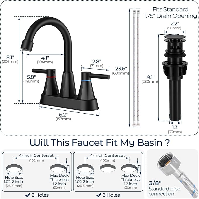 Matte Black Bathroom Sink Faucet, 2-Handle 4-inch Centerset Faucet | Lead-free stainless steel, pop-up drain included, Detachable faucet aerator, 360°swivel spout, for vanity sink 3-hole mount