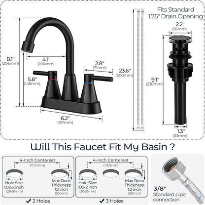Matte Black Bathroom Sink Faucet, 2-Handle 4-inch Centerset Faucet | Lead-free stainless steel, pop-up drain included, Detachable faucet aerator, 360°swivel spout, for vanity sink 3-hole mount