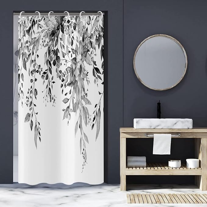 Eucalyptus Shower Curtain, Watercolor Black Leaves on The Top Plant with Floral Bathroom Curtain Bathtub Home Decor Waterproof Fabric Machine Washable with 12 Hooks, GCI-7430, 72''Lx48''W