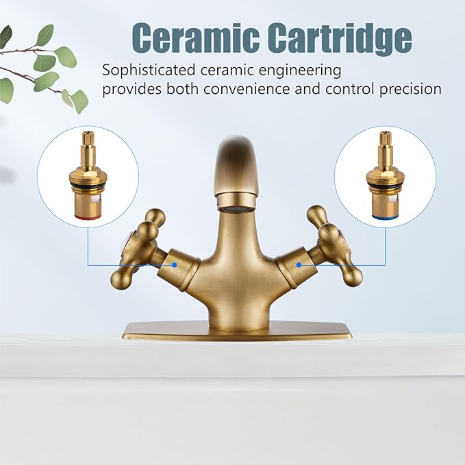 Aolemi Bathroom Sink Faucet Single Hole Cold and Hot Double Handle Cross Knobs Vanity Vessel Sink Basin Mixer Tap with Deck Cover Plate with Pop Up Drain Antique Brass