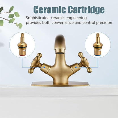 Aolemi Bathroom Sink Faucet Single Hole Cold and Hot Double Handle Cross Knobs Vanity Vessel Sink Basin Mixer Tap with Deck Cover Plate with Pop Up Drain Antique Brass