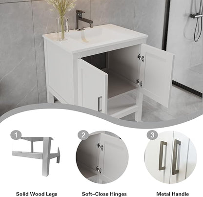 24" White Bathroom Vanity Base Only – Freestanding Solid Wood Sink Cabinet with Open Shelf Storage, Shaker Style Bath Vanity Cabinet, No Top, 36" W x 21" D x 34.5" H