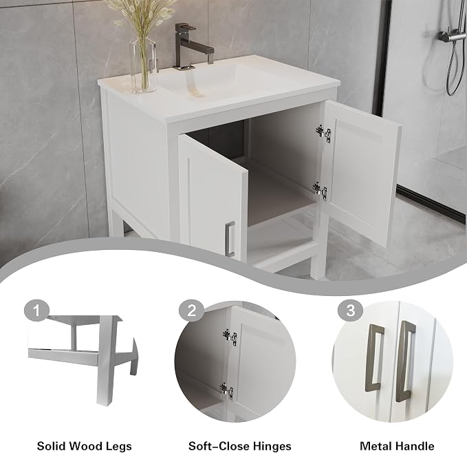 36" White Bathroom Vanity Base Only – Freestanding Solid Wood Sink Cabinet with Open Shelf Storage, Shaker Style Bath Vanity Cabinet, No Top, 36" W x 21" D x 34.5" H