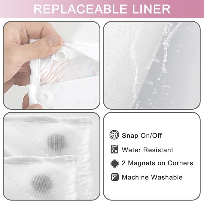 No Hook Shower Curtain and Liner Set, Watercolor Pink Beach Coastal 71x74 | Nautical Ocean for Bathroom, with Snap in Liner Replacement, Mesh Top Window, Waterproof, Machine Washable, Quick-Drying