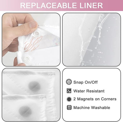 No Hook Shower Curtain and Liner Set, Watercolor Pink Beach Coastal 71x74 | Nautical Ocean for Bathroom, with Snap in Liner Replacement, Mesh Top Window, Waterproof, Machine Washable, Quick-Drying
