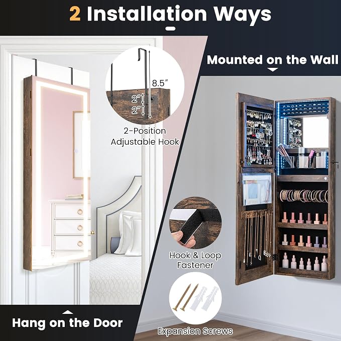 CHARMAID LED Mirror Jewelry Cabinet, Lockable Jewelry Armoire with Adjustable Lighted Full Length Mirror, 3 Lighting Sets, Wall Mounted Door Hanging Jewelry Storage Organizer (Rustic Brown, 42.5''H)