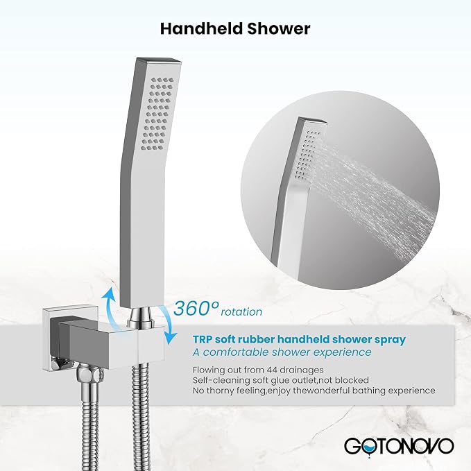 gotonovo Tub Shower Faucet Set with Valve Kit 12’’ Head,Polished Chrome | Shower System with Tub Spout,SUS304 Rain Head with Handheld Sprayer,Swivel Spout,All Metal,Rough-In Valve Trim Kit,Wall Mount