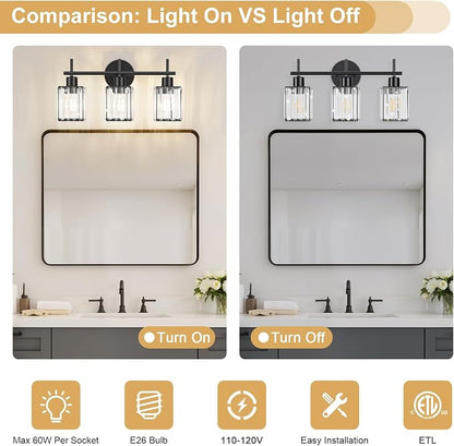 Black Bathroom Light Fixtures, Square, 3-Light | Vanity Lights with Crystal Shades, Modern Bathroom Lighting Fixtures over Mirror (Bulbs Not Included, E26)
