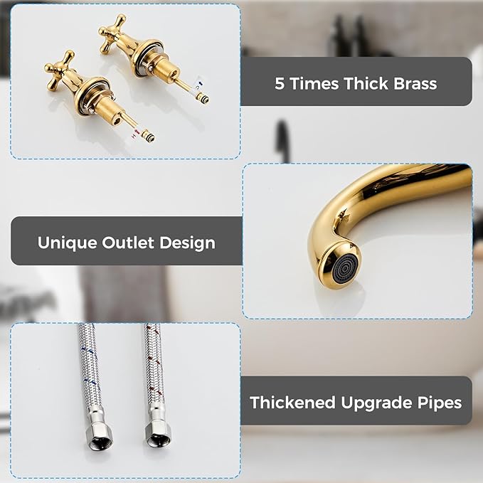 Gold Bathroom Faucet Vintage Widespread Faucets 3-Hole Sink Faucet with Drain Assembly Solid Brass Drip-Free Ceramic Cartridge Adjustable 8-16 Inch Installation
