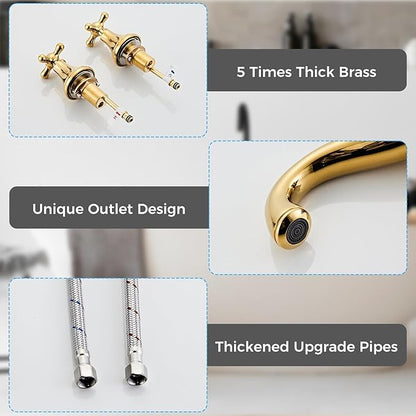 Gold Bathroom Faucet Vintage Widespread Faucets 3-Hole Sink Faucet with Drain Assembly Solid Brass Drip-Free Ceramic Cartridge Adjustable 8-16 Inch Installation