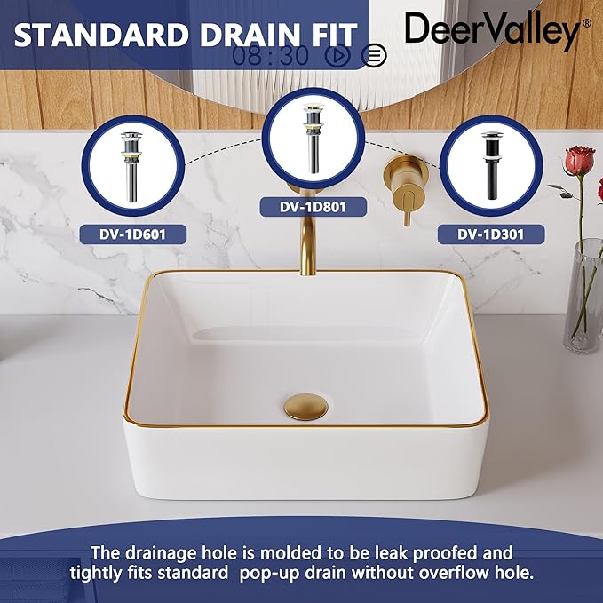 DeerValley 19x15 Inch Rectangular Vessel Sink, White Ceramic Bathroom Sink with Gold Trim, Above Counter Modern Basin, DV-1V0365