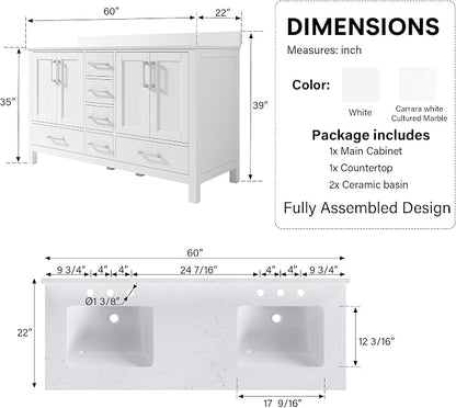 60-Inch Bathroom Vanity with Sink, 4 Soft-Close Doors and 6 Soft-Close Drawers, Bathroom Freestanding Vanity with Cultured Marble Countertop, White Vanity with Brushed Nickel Handles