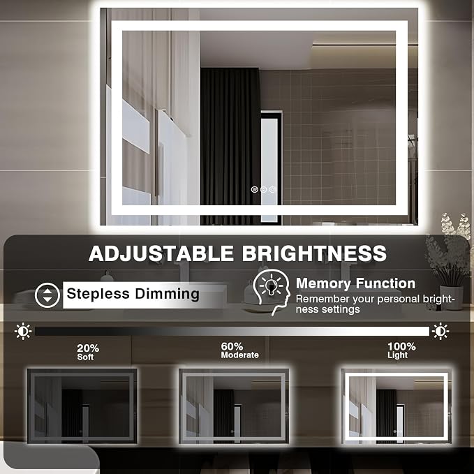 EchosLife 51"x40" Bathroom Light up Mirror | Backlit + Front Lit, Anti-Fog, Stepless Dimmable, 3 Colors, Memory, Tempered Glass, UL Listed, Horizontal/Vertical