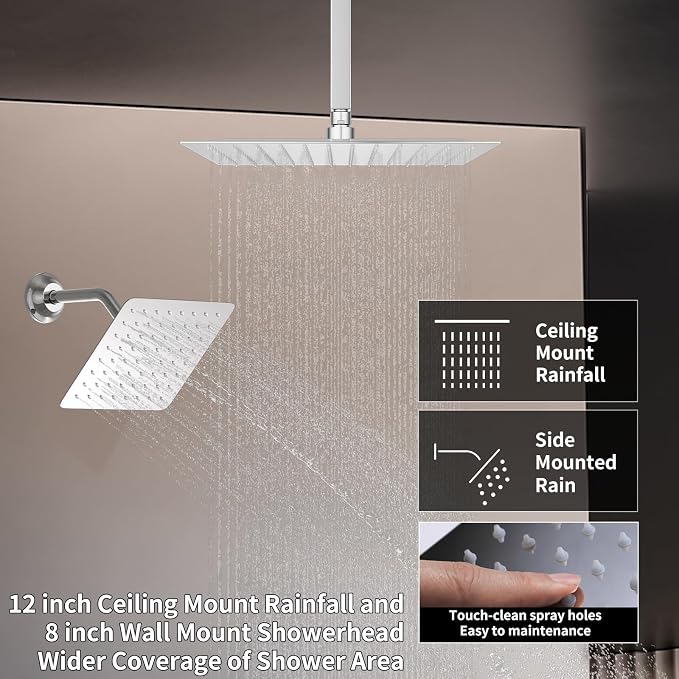 Chrome Shower System Tempreature Display Shower Fuacet Set | 12 inch and 8 inch Full Body Shower Head, with 6 PCS Body Jet and Handheld Spray