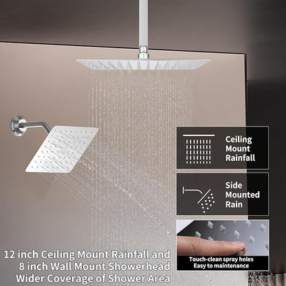 Chrome Shower System Tempreature Display Shower Fuacet Set | 12 inch and 8 inch Full Body Shower Head, with 6 PCS Body Jet and Handheld Spray