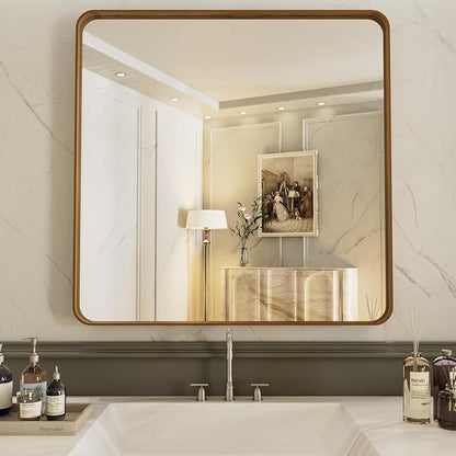 LOAAO 30X30 Bathroom Mirror, Wood Grain Colored Metal Frame | Rounded Rectangle Metal Framed, Anti-Rust, Hangs Horizontally or Vertically, Tempered Glass