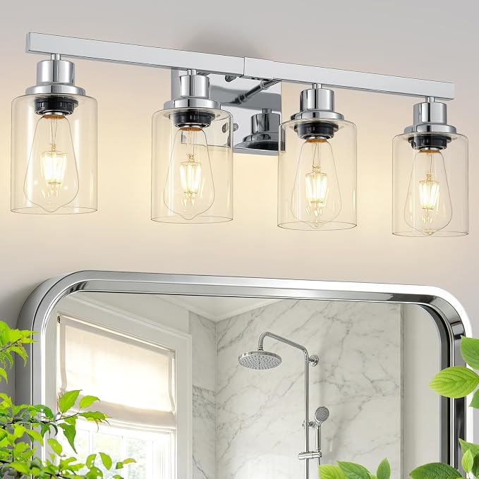 4-Light Chrome Vanity Lights,24" Bathroom Light Fixtures | Modern Polished Chrome Bathroom Lighting over Mirror with Clear Glass Shades,Farmhouse Bathroom Wall Sconece over Sink,E26