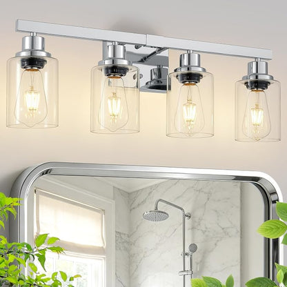 4-Light Chrome Vanity Lights,24" Bathroom Light Fixtures | Modern Polished Chrome Bathroom Lighting over Mirror with Clear Glass Shades,Farmhouse Bathroom Wall Sconece over Sink,E26