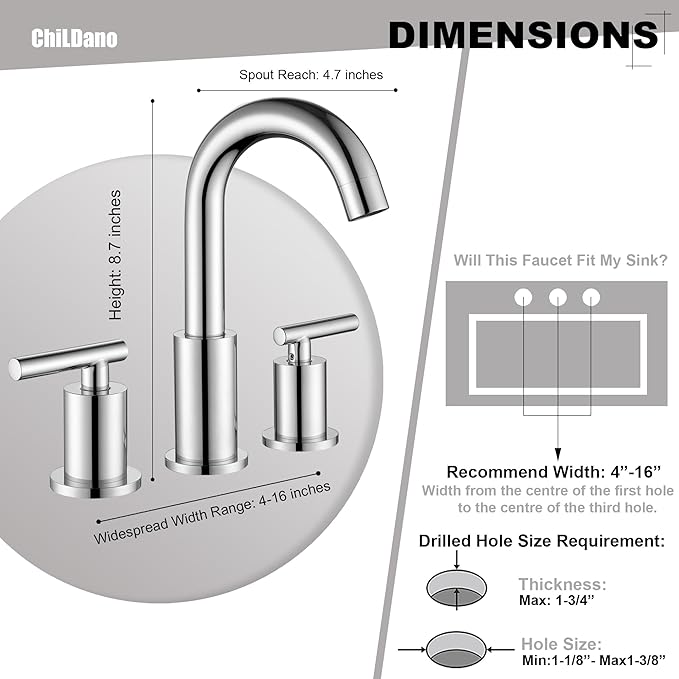 Widespread Bathroom Sink Faucet with Drain and Supply Hose, Chrome 3 Hole Faucet for Bathroom Sink, ChiLDano Polished Chrome 2-Handle Bathroom Faucets CH2183CP