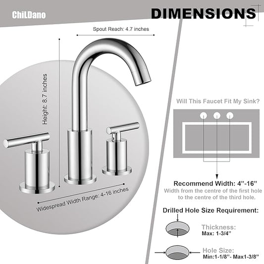 Widespread Bathroom Sink Faucet with Drain and Supply Hose, Chrome 3 Hole Faucet for Bathroom Sink, ChiLDano Polished Chrome 2-Handle Bathroom Faucets CH2183CP