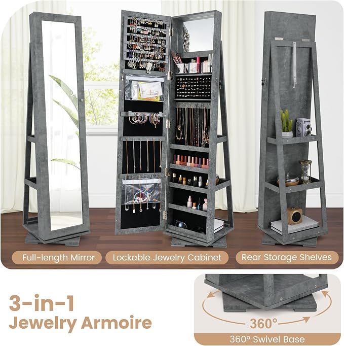 GOFLAME 360° Rotating Jewelry Armoire, Lockable Jewelry Cabinet with Full-Length Mirror & Inner Makeup Mirror, Standing Jewelry Storage Organizer with Rear Storage Shelves, Stone Gray