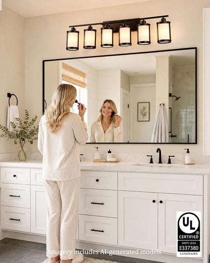 6-Light Oil Rubbed Bronze Bathroom Light Fixtures Over Mirror with Frosted Milk Glass and Metal Cage Shade, 42" UL-Listed Modern Farmhouse Wall Sconce for Bath, Hardwire E26, OS-3014ORBW-6W