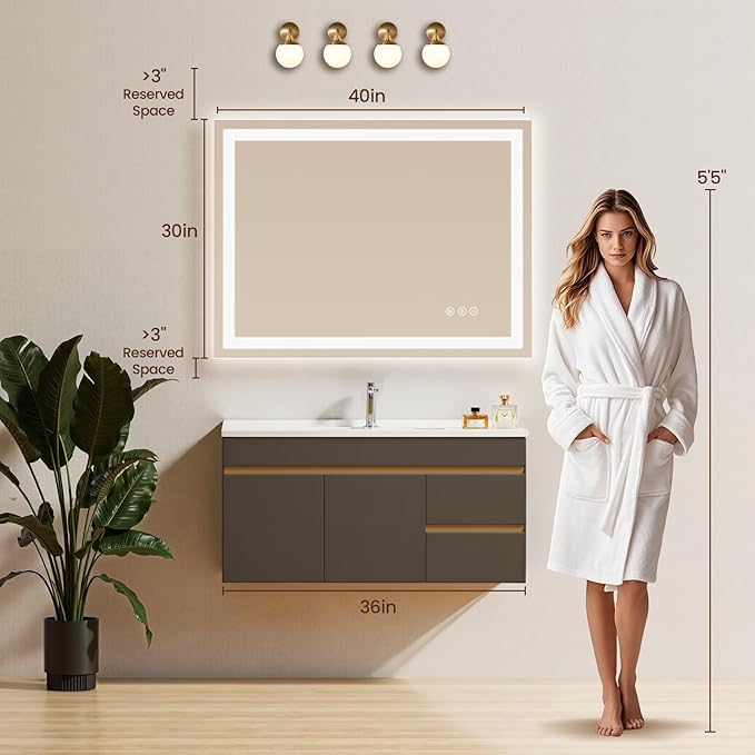40x30 LED Bathroom Mirror with Anti-Fog, Backlit & Front Lights, Memory | Dimmable 3 Color CRI 95+ Shatterproof Tempered Glass ETL Listed for Safety Lighted Bathroom Vanity Mirror for Wall