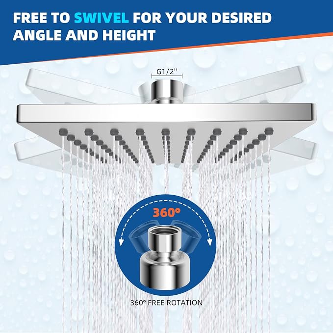 Hibbent cUPC Certified Thickness Metal 6'' Square Rain Shower Head, Chrome | High Pressure Shower Head, Bathroom Waterfall Shower Heads, High Flow Fixed Showerheads with Adjustable Brass Ball Joint