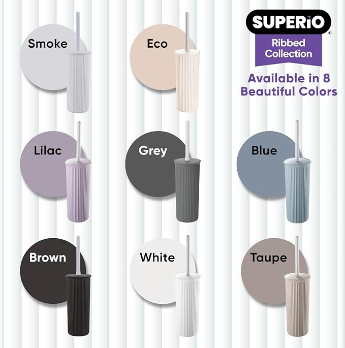 Superio Ribbed Collection Toilet Bowl Brush and Holder Set, Decorative Plastic Bathroom Toilet Brush with Holder, Toilet Cleaner Scrubber, Taupe - 1 Pack