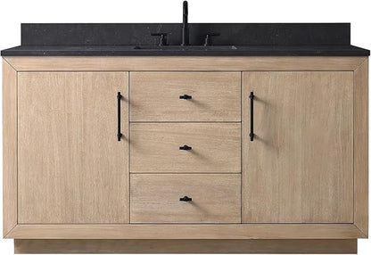 60 Inch Bathroom Vanity with Single Sink & Black Ceramic Top, MDF Material Vanity Cabinet with Basin Combo, Soft-Closing Doors, Removable Shelf, Backsplash