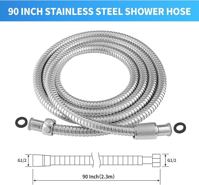 90 Inch Extra Long Stainless Steel Shower Hose - Flexible & Wear-Resistant with Chrome shower head with hose Plated Nut & Insert
