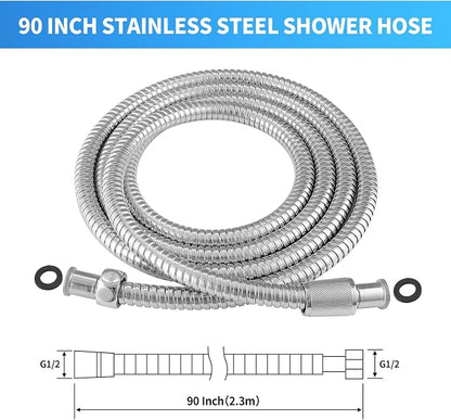 90 Inch Extra Long Stainless Steel Shower Hose - Flexible & Wear-Resistant with Chrome shower head with hose Plated Nut & Insert