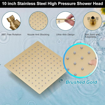 Midanya Shower Faucet Set with Handheld Sprayer,10 Inch,Brushed Gold | Rough-in Shower Valve and Trim Kit Included,Square Rain Head,Wall Mount Shower System,All Metal,Bathroom