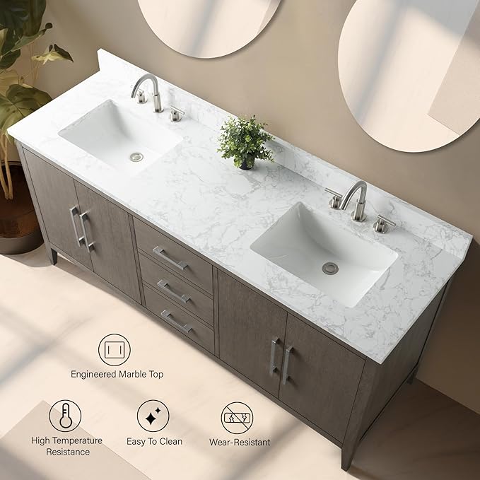 Vanity Art 72 inch Bathroom Vanity with Double Sink & Ceramic Top, Vanity Cabinet with Soft-Closing Doors, Drawers, Solid Wood Frame, Driftwood Gray, Matte Black Handware