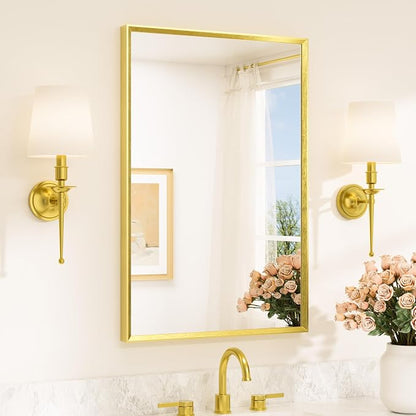 Brushed Gold Mirror for Bathroom Sink 24" x 36" Beveled Frame Brushed Brass Gold Vanity Rectangle Mirror for Bathroom Wall, Modern Farmhouse, Tempered Glass, Stronger Frame