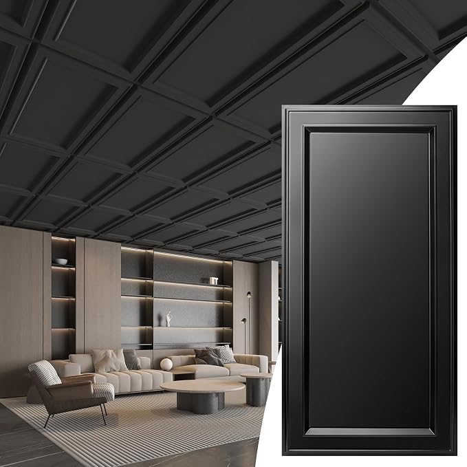 WOWSTAR 12-Pack 2x4ft Drop Ceiling Tiles, Waterproof Glue up Ceiling Panels, Modern Style 3D Wall Panels, Black | PVC ceiling panels, 2x4 ft, waterproof, glue-up install, basement kitchen bathroom, 12-pack