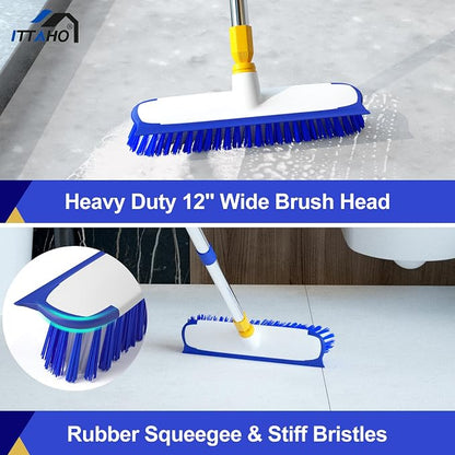 12" Wide Floor Scrub and Grout Brush Set With Long Extendable Handle - Stiff Bristle Heavy Duty Cleaner for Tile, Deck, Garage, Kitchen, Bathroom