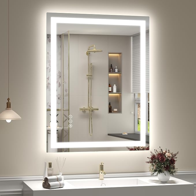 28x36 LED Lighted Bathroom Mirror for Vanity Wall | Front Light and Backlit, Anti-Fog, Memory, 3 Color, Tempered Glass, Dimmable, Rectangular, UL, Horizontal/ Vertical Mounted