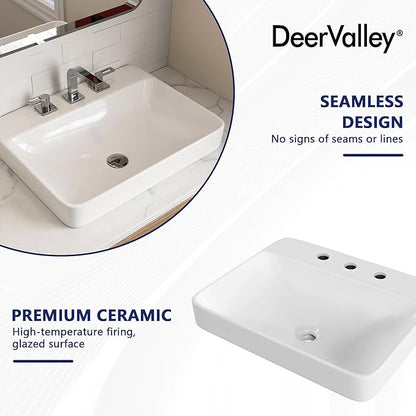 DeerValley 24x19 Inch Rectangular Drop-in Bathroom Sink, White Semi Recessed Vessel Sink with Overflow and Three Faucet Holes, Ceramic Vanity Basin, DV-1DS0121