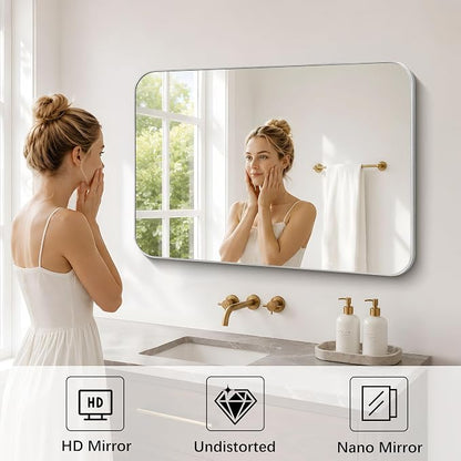 DESBING 40"x30" Bathroom Mirror for Over Sink, Silver Framed Wall Mirror | High-Definition Shatterproof Vanity Mirror with Rounded Corner for Bedroom Living Room Entryway Horizontally or Vertically
