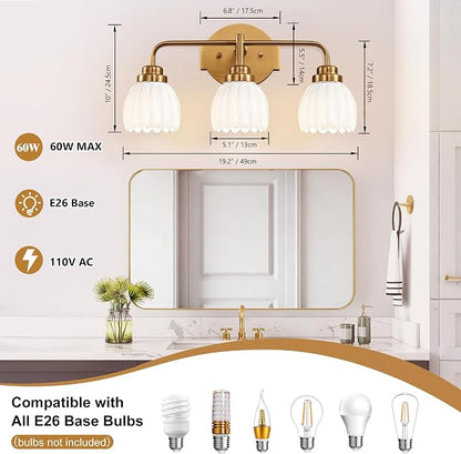 maesta Gold Broom Light Fixture,3 Light Vintage Vanity Light Over Mirror | Vintage Vanity Light, Brushed Gold Metal & Milk White Glass Shades, Anti-Rust, Easy to Install for Bathroom Hallway Bedroom
